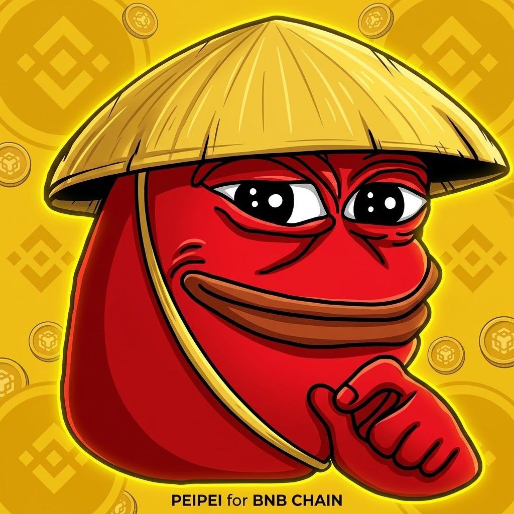PeiPei red frog wearing a Chinese straw hat